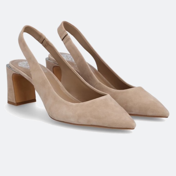 Vince Camuto Shoes - Vince Camuto Taupe Suede Slingback Block Heel Pumps